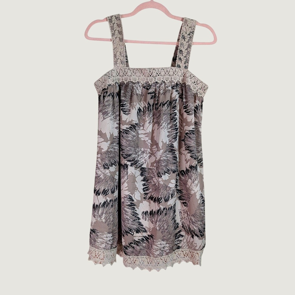 Blu Pepper Crochet Lace Trim Tank Top Womens Small Tan Boho Abstract Print T6485